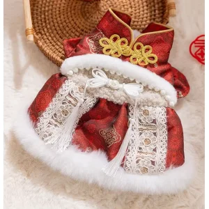 Red Solid Beaded Polyester Cotton padded Durable Creative Comfortable New Year Chinese Cat Dress Flying Sleeves Warm Winter Pet
