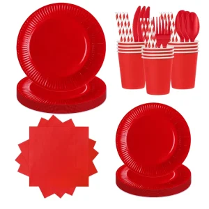 Red Solid Color Disposable Tableware Set Multicolored Pure Paper Plate Cups Cutlery for Baby Shower Birthday Wedding Party Decor