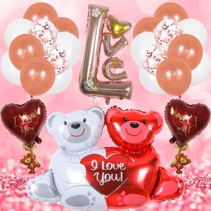 Red Valentine’s Day Cuddle Bear Aluminum Film Balloons Customized Size Party Decorations