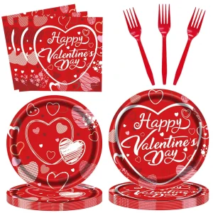 Red Valentines Day Paper Tableware 96 piece Set with Cartoon Style for Festive Parties