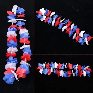 Red White Blue Hawaiian Flower Leis Garland Necklace Patriotic Headband Decorations for 4th July Memorial Day