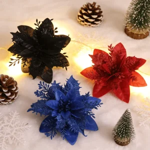 Red and Gold Flower Christmas Decorations for Tree and Table Settings