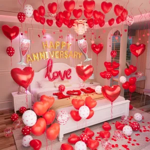 Red and Pink Theme Valentine’s Day Balloon Set Anniversary Party Decor Latex Foil Heart Shaped Balloon Rose Petals Sweetest Day