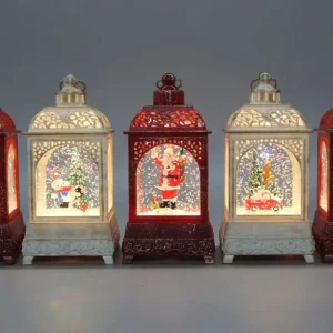 Red and White Cut Out Lantern Christmas LED Snow Globe 5 Design Swirling Glitter Light