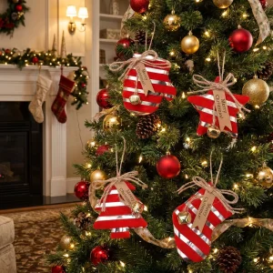 Red and White Strips Christmas Tree Ornaments Star Glove and Stocking Design Modern Popular Christmas Pendant Decors