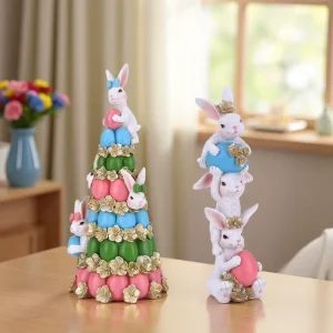 Redeco Cute Art Decor Resin Easter Bunny Figurine Set Colorful Egg Accents Festive Home Ornaments