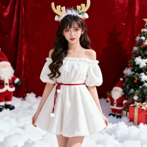Reindeer Costume Dress Women Christmas Style Polyester Mini Dress Holiday Party Outfit White Christmas Costume