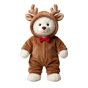 Reindeer Plush Onesie Soft Stuffed Animal Toy Brown Holiday Costume with Red Bow for Gift and Baby