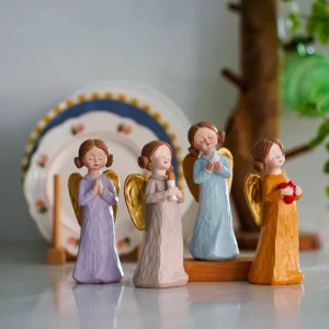 Resin Angel Figurines Hand Painted Praying Angel Statues with Golden Wings for Home Decor Religious Gifts