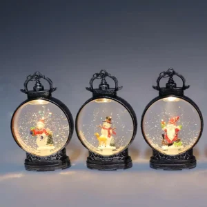 Retro Black Carved Flat Round Christmas Snow Globe LED Water Glitter for Decor