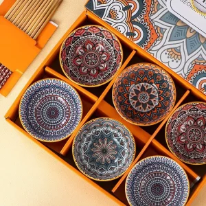 Retro Bohemian Style Bowls Plates Spoons Gift Pack Underglaze Painting Ceramic Tableware Set for Festival Gifts