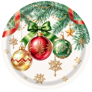 Retro Colorful Ball Christmas Disposable Tableware Set Pine Branch Paper Plates Cups and Napkins for Christmas Party Supplies