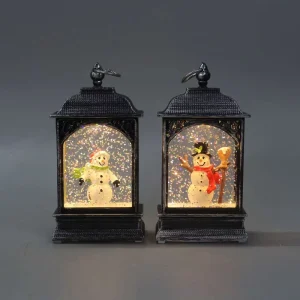 Retro Distressed Black Filigree Snowman Lantern LED Water Glitter Snow Globe Christmas Indoor Portable Decoration