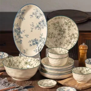Retro Floral Ceramic Tableware Set Household Bowls Plates Chopsticks High end Tableware for Housewarming Gift