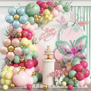 Retro Green Pink Balloon Butterfly Garland Arch Kits for Wedding Room Decoration Holiday Balloons Baby Shower Birthday Supplies