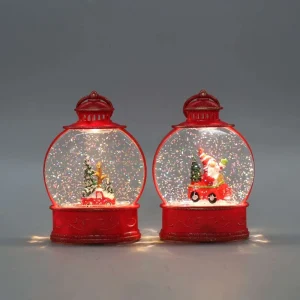 Retro Red Carved Round Christmas Snow Globe Lantern LED Water Glitter for Decor