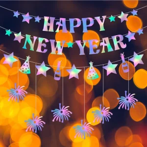 Reusable Aluminum Film Star Shaped Happy New Year Flags and Hanging Ornaments Fireworks Decorations for New Year Party