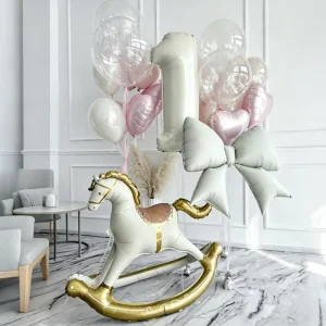 Rocking Horse Number Bow Balloon Bouquet Pink White Heart Balloons Baby Girl 1st Birthday Party Decor Globos