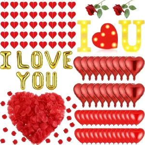 Romantic Anniversary Valentines Day Decorations with I Love You Light Balloons Rose Petals Artificial Roses Red Heart Strings