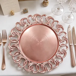 Romantic Openwork Rim Pink Charger Plates for Wedding Bridal Showers Tables Decor