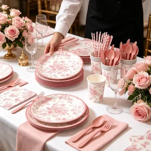 Romantic Pink Floral Disposable Party Tableware Set Custom Paper Plates Cups Napkins for Wedding Bridal Shower Birthday Decor