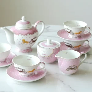 Romantic Pink Porcelain Tea Set With Carriage Pattern And Lace Trim For Wedding Gift Afternoon Tea Party Home Decor