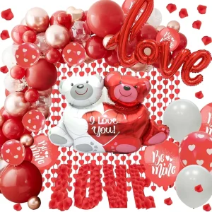 Romantic Valentine’s Day Balloon Decoration Set with Red Love and Bear Foil Latex Balloon Rose Petals