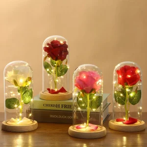 Romantic Valentines Day Gift LED Artificial Rose in Dome for Home Christmas Decoration