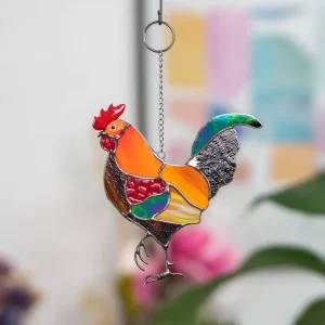 Rooster Stained Glass Window Hanging Custom Bird Sun Catcher Art Deco Farmhouse Decor Anniversary Ornament