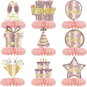 Rose Gold Birthday Honeycomb Paper Centerpieces Decorations Eco Friendly Women Girls 8Pcs Happy Birthday Table Decorations Party