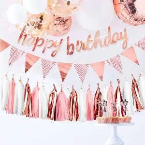 Rose Gold Birthday Party Decorations Supplies Triangle Bunting Flag Happy Birthday Banner Garland Foil Fringe Tassel Set