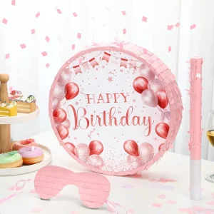 Rose Gold Birthday Pinata with Stick Blindfold and Confetti Round Pinata for Boys Girls Men Women Birthday Party Supplies
