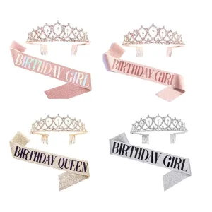 Rose Gold Crystal Rhinestone Happy Birthday Girl Queen Tiara Crown Sashes Set Kit Hair Accessories Party Birthday Decoration