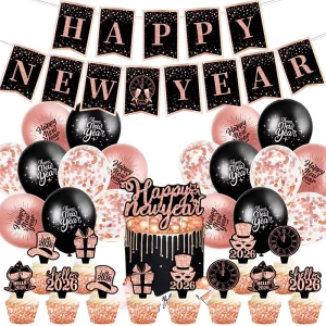 Rose Gold New Year Party Decorations Set with Happy New Year Banner Cake Topper and Metallic Balloons for Christmas Party