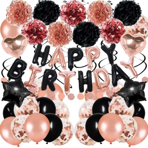 Rose TGold Birthday Party Supplies Happy Birthday Foil Banner Pompoms Confetti Balloons Birthday Party Decoration Set