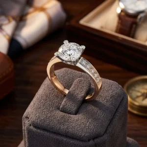 Round Brilliant Cut Diamond Ring Two Tone Four Prong Paved Side Stone Solitaire Jewelry for Bride Wedding Proposal