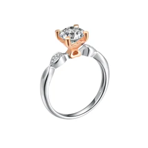 Round Ring Two Tone Four Prong Twisted Smooth Band Paved Side Stone Engagement Jewelry for Women Wedding Proposal