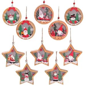 Rustic 3D LED Wood Star Christmas Tree Hanging Ornaments Set