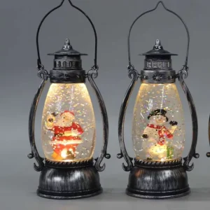 Rustic Black Silver Brush Christmas Lantern LED Snow Globe Santa Scene Holiday Decor Light
