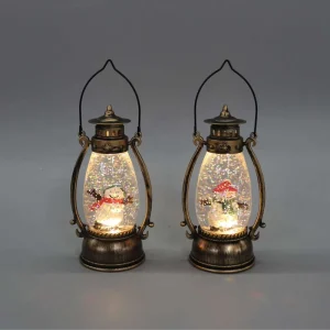 Rustic Bronze Christmas Lantern LED Snow Globe Santa Snowman Scene Holiday Decor Light