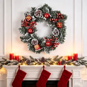 Rustic Christmas Rattan Wreath Artificial Floral Garland Hanging Decoration for Holiday Home Decor