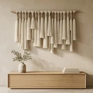 Rustic Farmhouse Hand Knotted Cotton Tassel Wall Hanging Macrame Wall Art Bedroom Living Room Decor Pendant