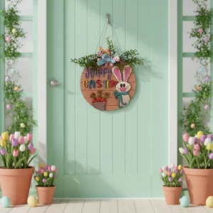 Rustic Wood Handmade Personalized Easter Bunny Wreath Welcome Door Sign Front Entry Indoor Outdoor Wall Hanging Decorations