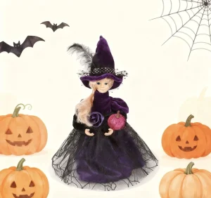 SOTE New Design Halloween Decorative Girl Figurines Purple Series Holding a Mini Pumpkin and Purple Silk Flowers