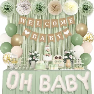 Sage Green Baby Shower Decor Green Balloons with WELCOME BABY Banner Fringe Curtains Foil Balloons Paper Flower for Baby Shower