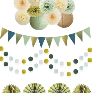 Sage Green and Gold Triangular Flag Banner with Forest Themed Round Sequins Sewn on Party Decoration Supplies