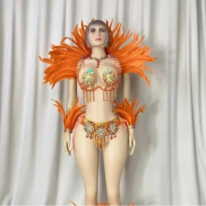 Samba Carnival Beads Wire Bra Belt Feather Shawl Costume for Rave EDC Festival Parade Mardi Gras Events Show Girl Jouvert