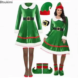 Santa Claus Costume Christmas Women Green Elf Cosplay Girl Carnival Party New Year Fancy Dress Clothes Set Parent child Clothing