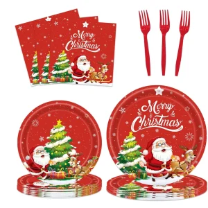Santa Claus Reindeer Christmas Disposable Tableware Set Party Plates Napkins Forks for Xmas Holiday Home Party Supplies