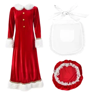 Santa Claus Suit Women Adult Christmas Maid Costume Dress Set Polyester Holiday Party Outfit with Apron and Accessories